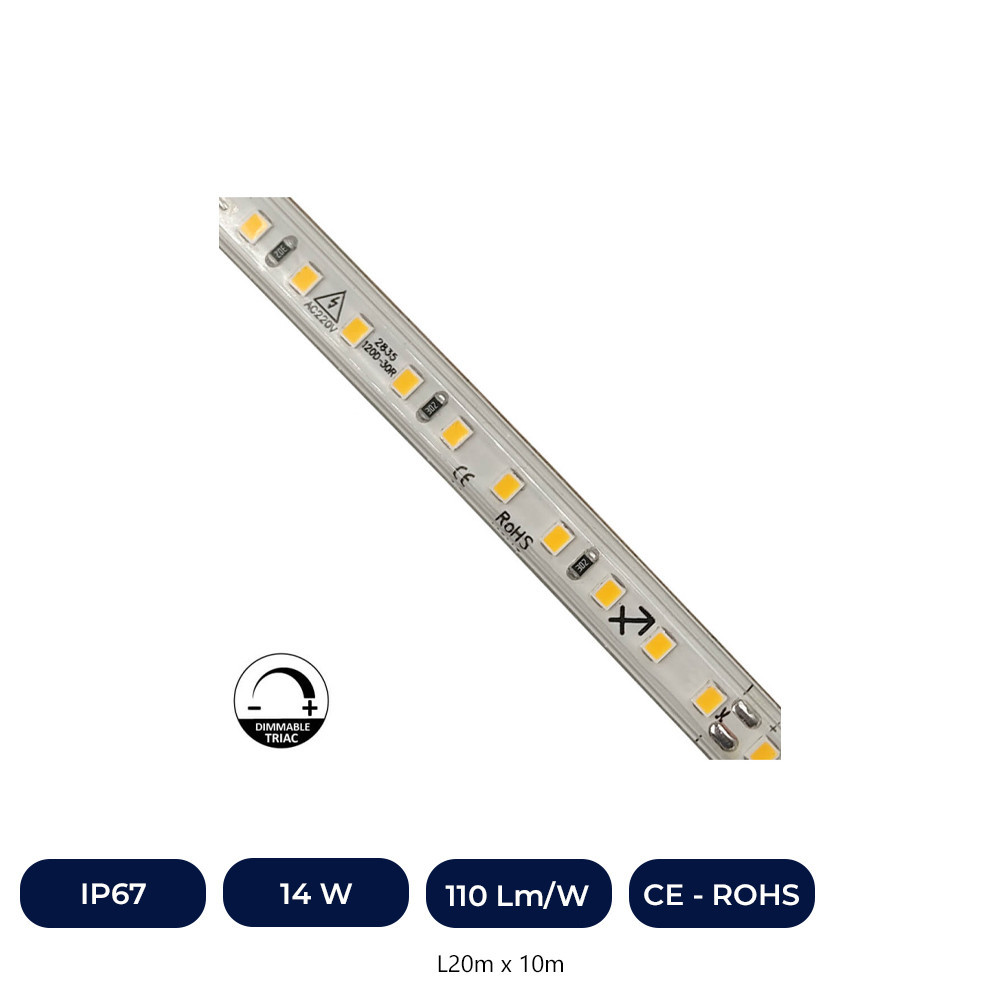 Ruban LED 220V | 120xLED/M | 20m | SMD2835 | 1540Lm/M | 14W/M | IP67 | Coupe 10cm