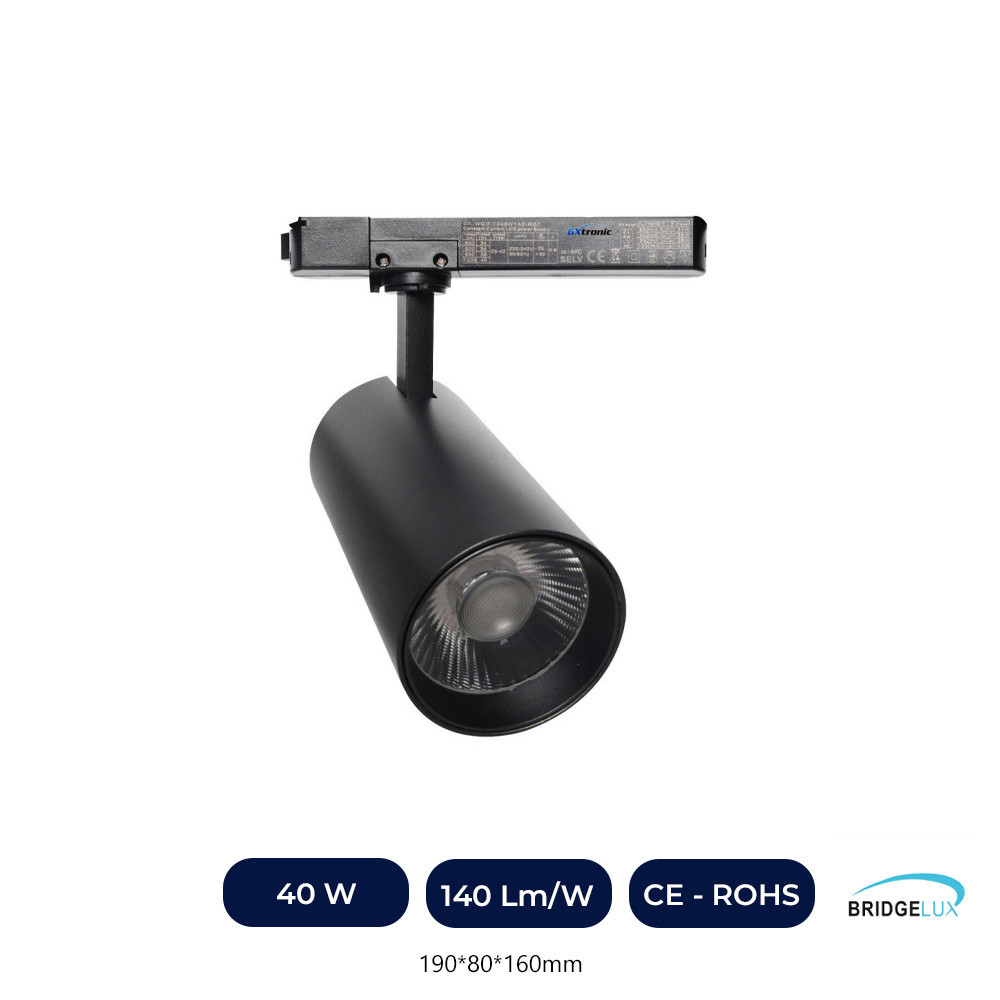 Spot LED 40W - 34W Noir Monophasé Sur Rail - CRI+92 - UGR13 - HAUTE LUMEN 140Lm/W