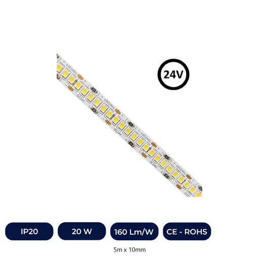 [IC238D24V20W-27K] Ruban LED 24V | 238xLED/M | 5m | CMS2835 | 3200Lm | 20 W/M | IP20