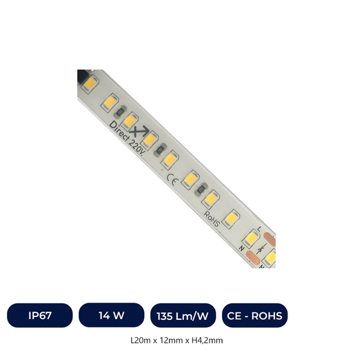 [IC6909-14W20MSP120D-27K] Ruban LED 220V | 120xLED/M | 20m | CMS2835 | 1540Lm/M | 14W/M | IP67 | Couper Tous Les 10 Cm