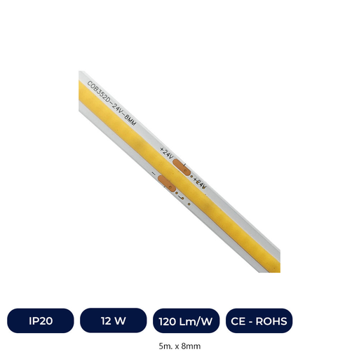 [IC619-12W-SP320D-27K] Ruban LED COB 24V | 320 LED/M | 5m | FLIP CHIP | 1000Lm |12W/M | CRI90 | IP20