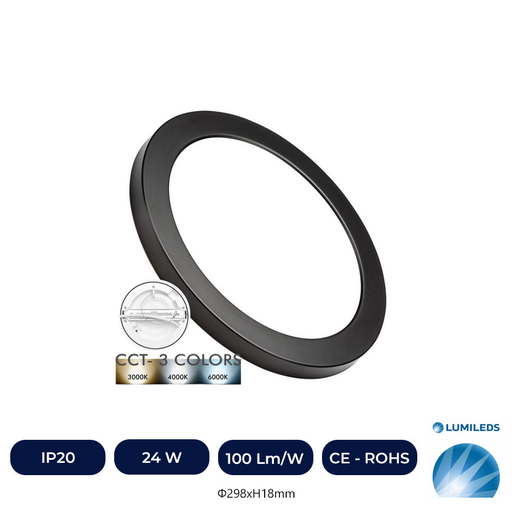 [IC16219-CCT24WLPN] Plafonnier LED - Circulaire - Noir LUMILEDS - 24W RÉGLABLE - CCT Couleur Sélectionnable